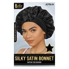 Jolie - Tie Band Silky Satin Bonnet - Black