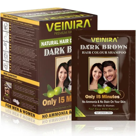 Veinira Natural Hair Colour Shampoo Dark Brown 10 All-in-One Sachets x 25ml