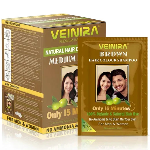 Veinira Natural Hair Colour Shampoo Medium Brown 10 All-in-One Sachets x 25ml