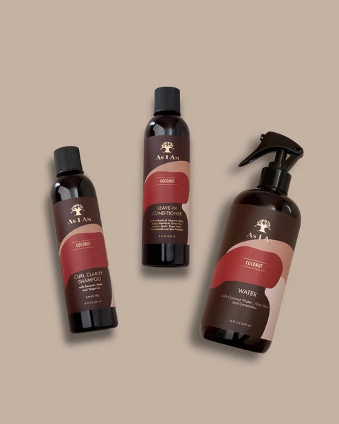 Coconut Water, Curl Clarity Shampoo, and Coconut Leave-In Conditioner