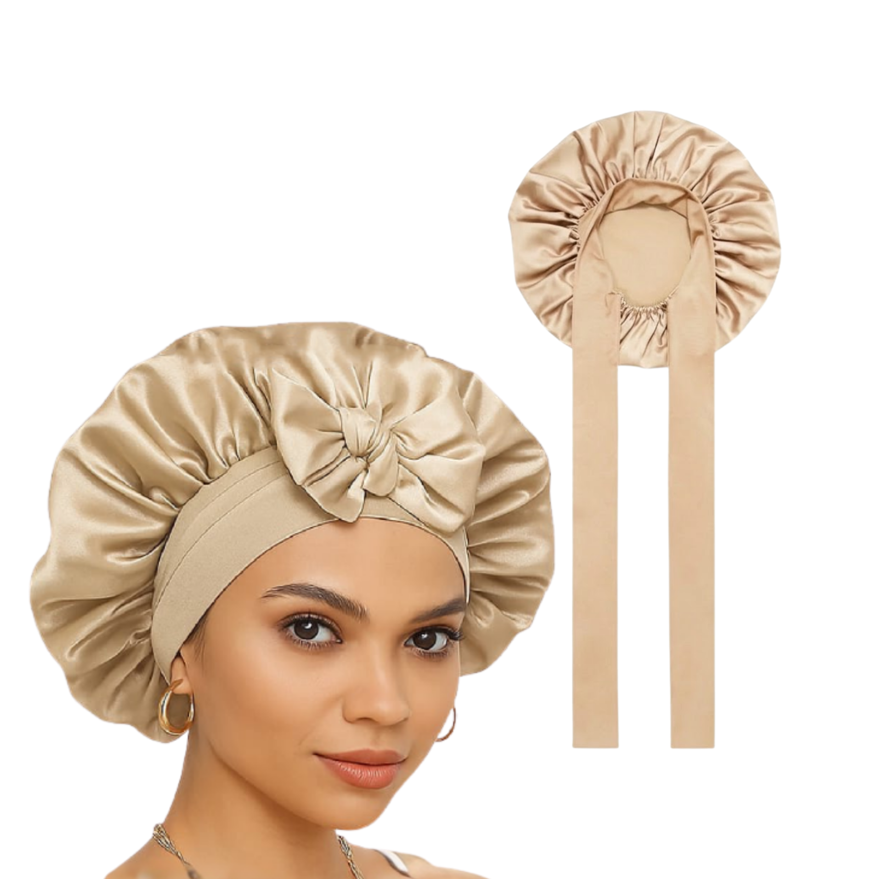 Jolie - Tie Band Silky Satin Bonnet - Beige
