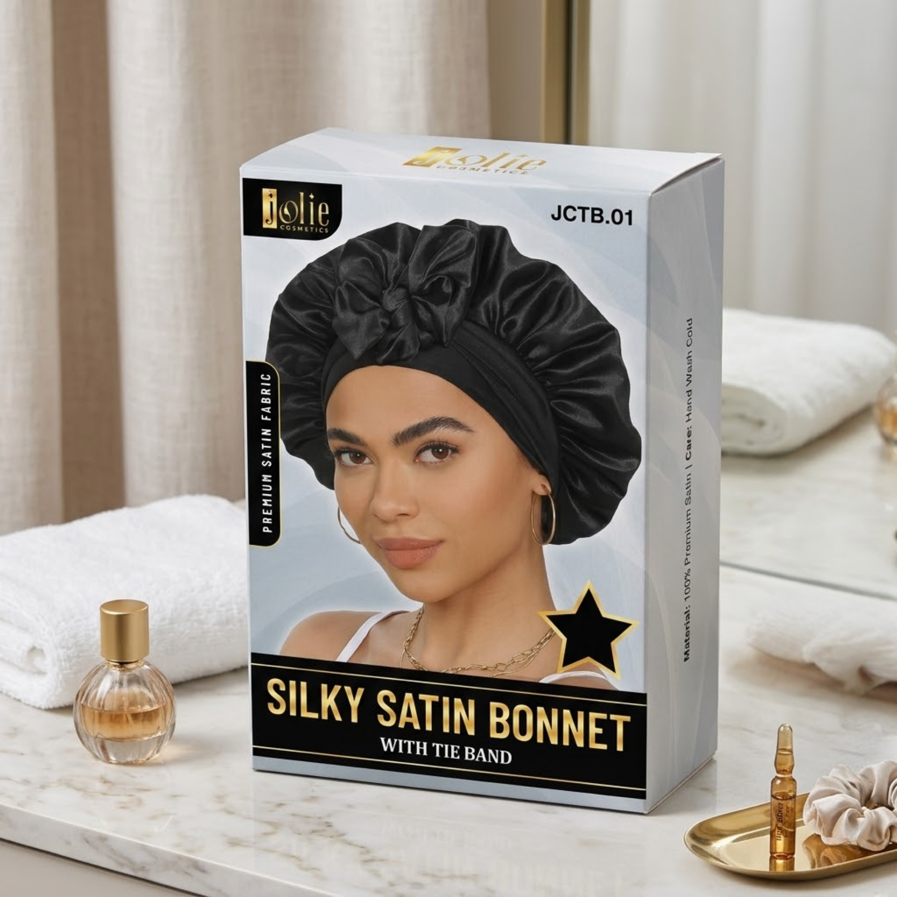 Jolie - Tie Band Silky Satin Bonnet - Black