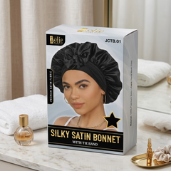 Jolie - Tie Band Silky Satin Bonnet - Black