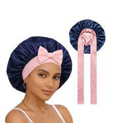Jolie - Tie Band Silky Satin Bonnet - Blue/Pink