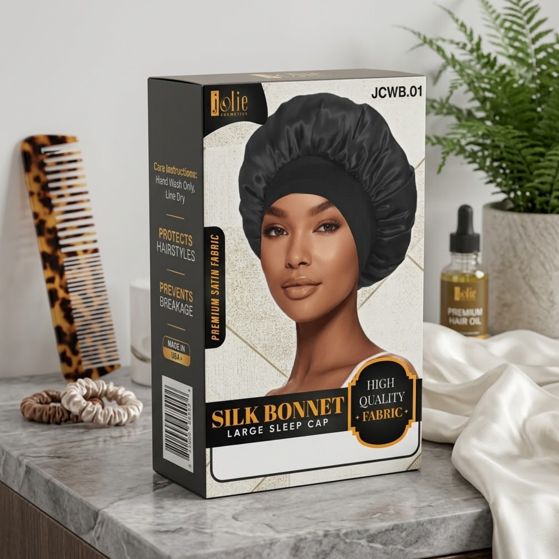 Jolie - Silk Bonnet Large Sleep Cap - Black