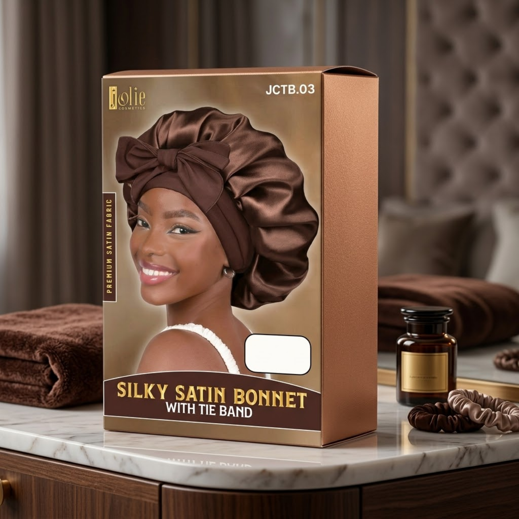 Jolie - Tie Band Silky Satin Bonnet - Brown