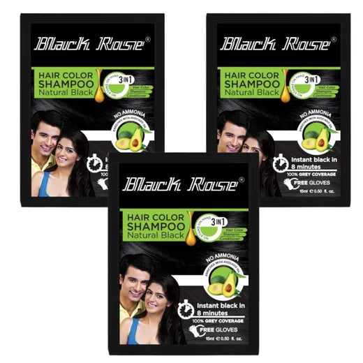Black Rose Hair Color Shampoo Natural Black 3x 15ml Sachets